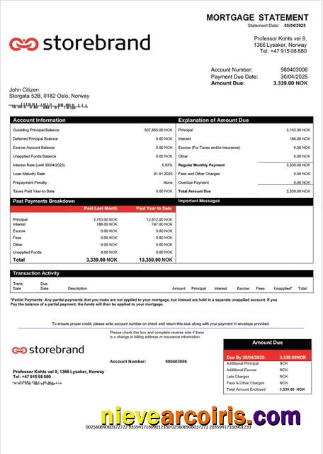 Norway Storebrand Bank mortgage statement Word and PDF template